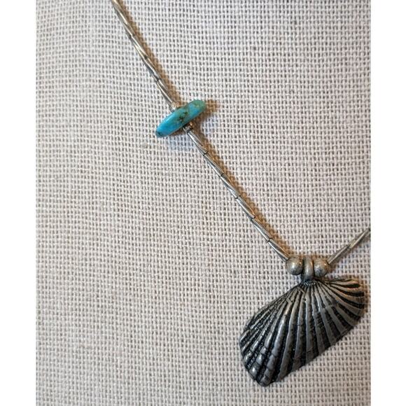 Vintage Sterling Silver Shell Twisted Bead Turquoise Chip Barrel Clasp Choker - Picture 3 of 7